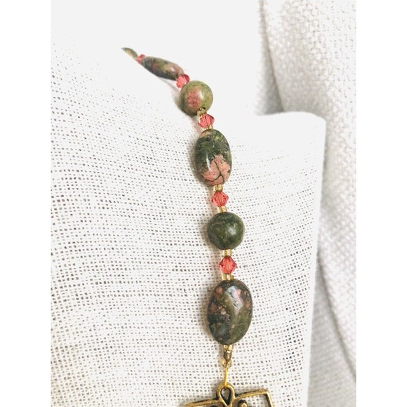 Natural Unakite Gemstone and Glass Beads Artisan Necklace 19 inch - Picture 5 of 5